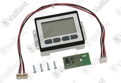 Vaillant LCD-Display mit Tasten und Anschlusskabeln, sowie einer separaten Platine und Schrauben zur Befestigung.